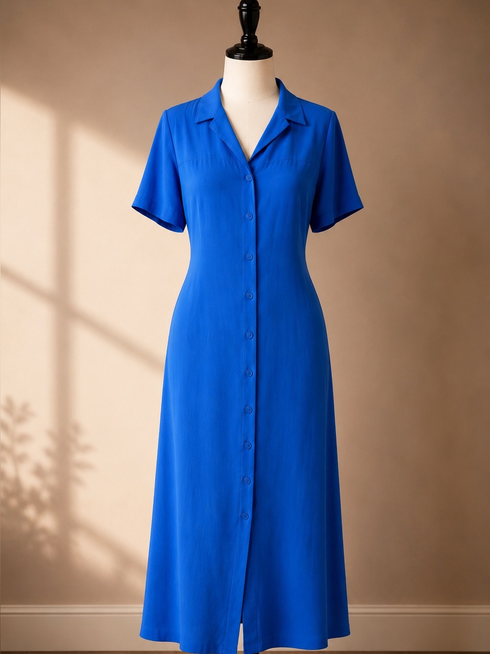 True Vintage Cobalt Blue Shirt Dress Button Front Midi Tie Back USA Petite 8P